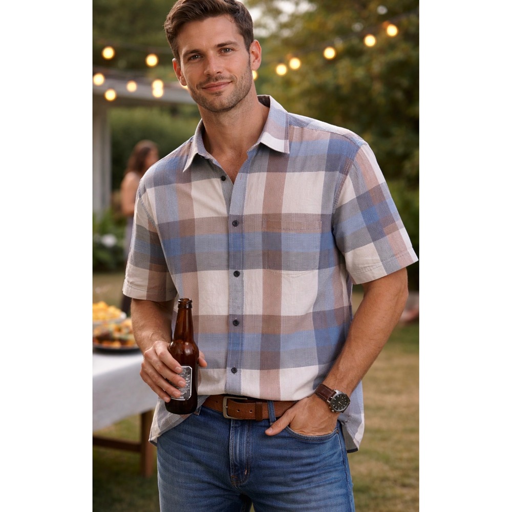 Trust Mens Short Sleeve Linen Blend Plaid Button Down Shirt Blue Brown XL